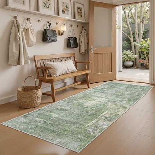 Abstratc Runner Rug 2x6 Kitchen Hallway Runners Green (Green/Ivory / 2' x 6' (Runner))