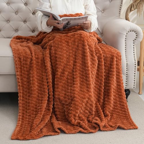 Burnt Orange Throw Blanket 50"×60" Fuzzy 3D Jacquard Decorative (Burnt Orange / 50"×60”)