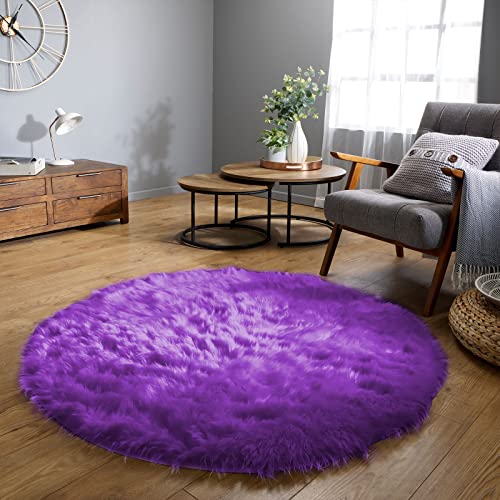 Round Fluffy Rug 5ft Purple Circle Rugs for Living Room Faux Sheepskin Furry Fur Rugs for Bedroom Boho Washable Room Rug Teen Room Décor (5' (Round) / Purple)
