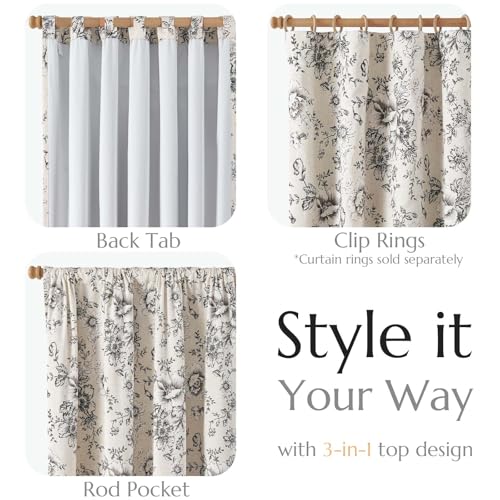 Floral Linen Blackout Curtains for Bedroom 102 Inches Long (Black / 50"W x 102"L (Pack of 2))