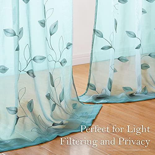 Turquoise Sheer Curtains Leaf Embroidered (52"W x 63"L (Pack of 2) / 5-turquoise)