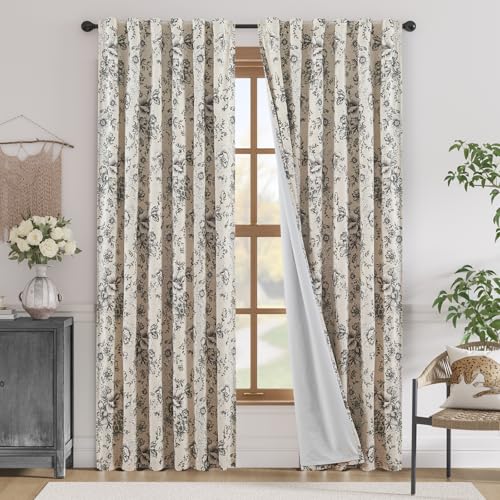 Floral Linen Blackout Curtains for Bedroom 84 Inches Long (Black / 50"W x 84"L (Pack of 2))