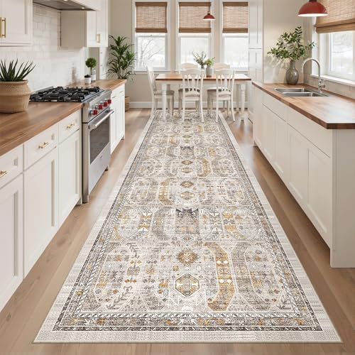 Hallway Runner Rug 3x12 Washable Kitchen Runners 12ft (Brown/Gold / 3' x 12' (Runner))