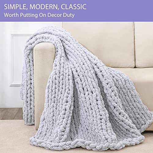 Chunky Knit Throw Blanket for Couch (Light Grey W/ a Little Bit Purple / 51"x63" (Large Size Throw）)