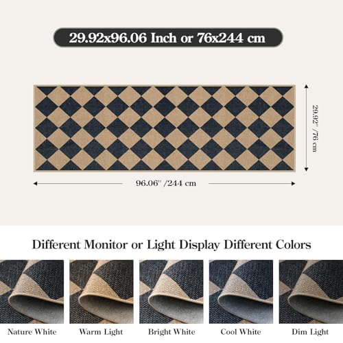 Checkered Easy Jute Non Slip Kitchen Runner (2'6" x 8' (Runner) / Black/Checkerboard -2)