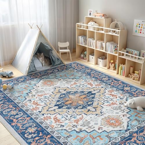 5x7 Area Rugs for Living Room Bedroom (Floral Blue / 5' x 7' (Rectangular))