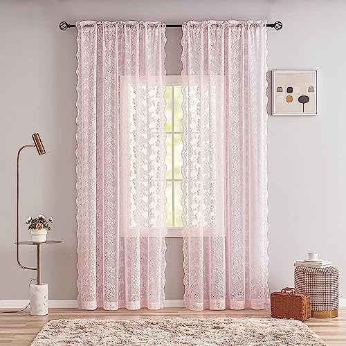 Vintage Lace Curtains 108 inches Long 2 Panels Cute Floral Pink Sheer Curtains for Sliding Door Backdrops Romantic Pricess Baby Girl Room Decor Light Filtering 52 x 108 Inch Light Pink (Light Pink / 52"W x 108"L (Pack of 2))
