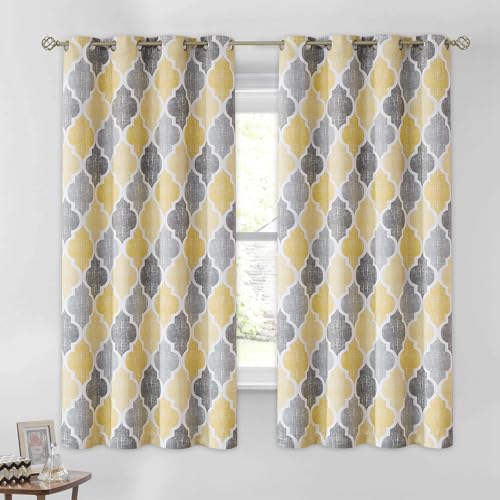 Moroccan 100% Blackout Curtains Bedroom Yellow Grey 50x45 2 Panels (Grommet | Yellow and Grey / 50"W x 45"L (Pack of 2))