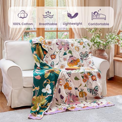 Boho Throw Blanket 90"x90" Fall Cotton Floral Queen Size Blanket (Bloom Butterfly / 90"x90")
