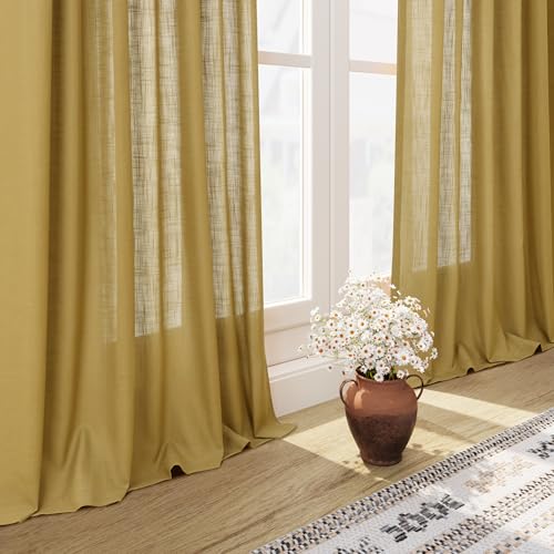 Gold Linen Curtains 63 Inches Long 2 Panel Sets for Living Room Bedroom Rod Pocket Back Tab Light Filtering Drape for Kitchen Window Short Protect Privacy Curtain Modern Farmhouse Decor 52x63 (52"W x 63"L (Pack of 2) / Gold)