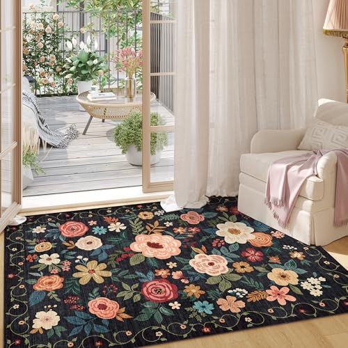 3x5 Area Rug Floral Washable Rug for Bedroom Non Slip (Black / 3' x 5' (Rectangular))