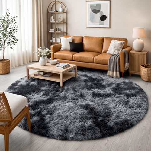 Tie Dyed Dark Grey Large Round Rug 7Ft for Bedroom Living Room (Tie-dyed Dark Grey / 7' (Round))