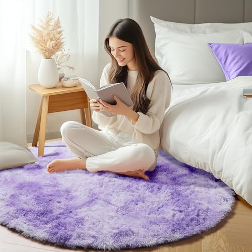 Tie Dye Purple Fluffy Round Rug Circle Area Rugs 4ft for Girl Kids Bedroom (Colorful Purple / 4' (Round))