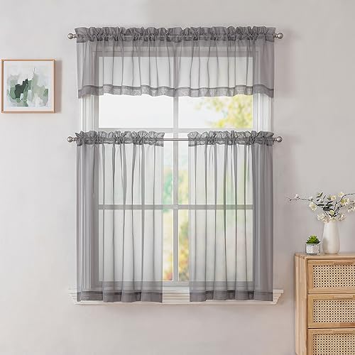 Grey Valances 14 Inches Long for Living Room Pocket 2 Panel Light Filtering Sheer Translucent Valence Toppers for Window Kitchen Bathroom Bedroom 42x14 Inch Length (Charcoal Grey / 42"W x 14"L (Pack of 2))