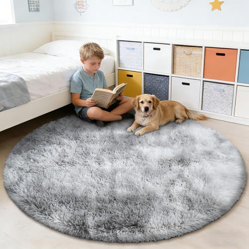Tie Dyed Fluffy Round Rug (Mottling Grey / 3' (Round))