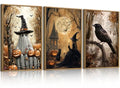 Large Vintage Halloween Wall Art Spooky Ghost Witch Wall Decor Black Cat with Crow Painting 16x24 Inch Set of 3 for Living Room Bedroom (Witch / 24"L x 16"W)