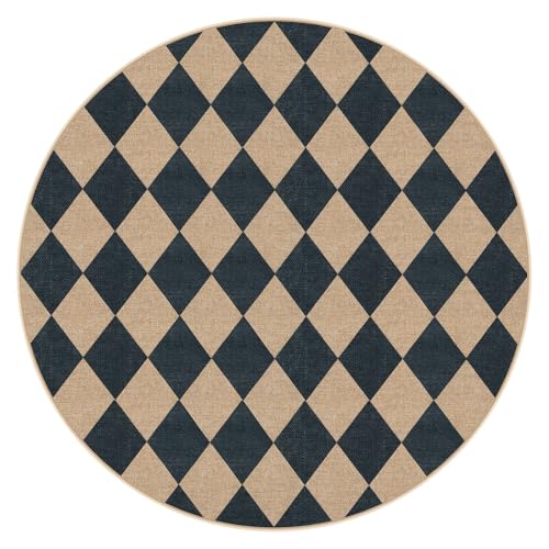 Checkered Easy Jute 6ft Round Outdoor Patio Area Rug (6' Round / Black/Checkerboard -2)