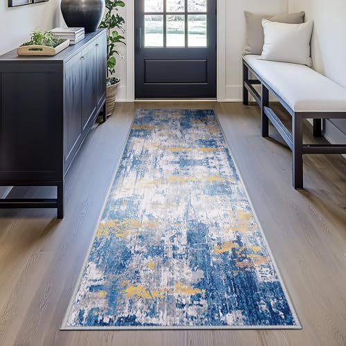 Washable Runner 2'x8' Abstract Area Rug for Hallway Blue Gold (Blue/Gold / 2' x 8' (Runner))
