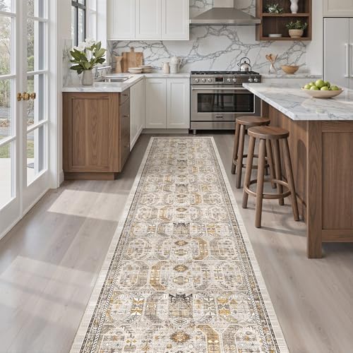 Washable Runner Rugs 2x12 Long for Hallway Kitchen Soft (Brown/Gold / 2' x 12' (Runner))