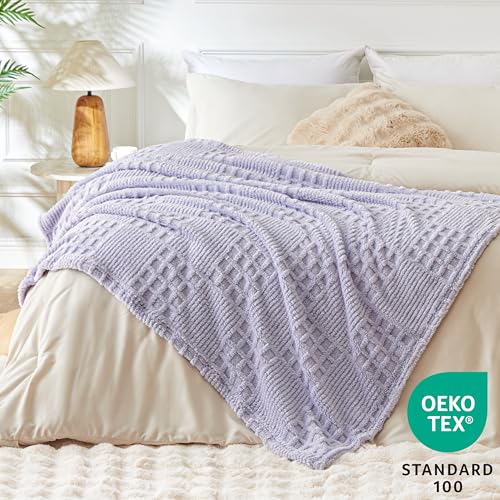 Purple Fleece Throw Blanket for Couch or Bed Waffle Pattern Decor (02-light Purple / Throw)