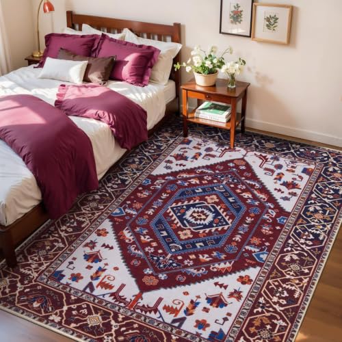 3x5 Washable Non Slip Boho Area Rug for Bedroom (Burgundy Navy/Multi / 3' x 5' (Rectangular))