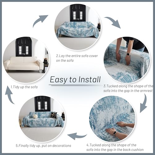 Boho Couch Cover for Dogs Washable Sage Abstract Couch Sofa Protector for Cats Pets Friendly Chenille Geometric Sofa Covers Soft Durable Farmhouse Sofa Slipcovers (71" x 102" / 1# Blue)