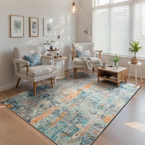 Living Room Rug 5x7 Blue Area Rug Machine Washable Boho Rug Non Slip Abstract Vintage Indoor Large Rugs for Bedroom (Blue / 5' x 7' (Rectangular))