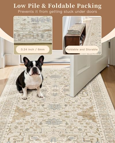 Kitchen Runner Rug 2x7 with Rubber Backing Non Slip (Beige/Blue / 2' x 7' (Runner))