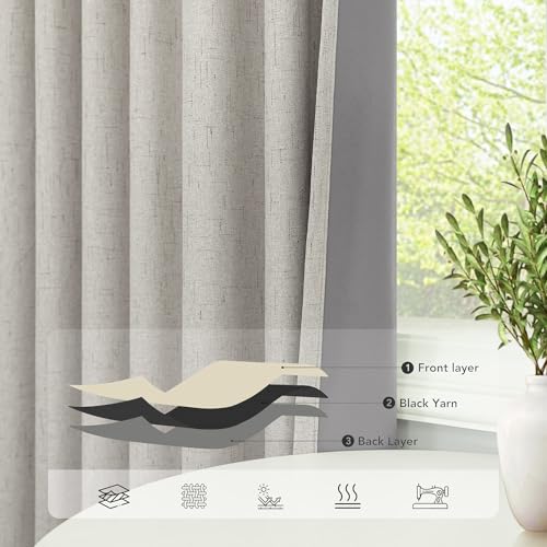 Linen Blackout Curtains 84 Inch Length 2 Panels Set for Living Room Bedroom Back Tab Thermal Insulated 100% Black Out Linen Drape Room Darkening Window Curtain 84 Inch Long Stone Taupe Birch Tan Beige (Stone / 52"W x 84"L (Pack of 2))