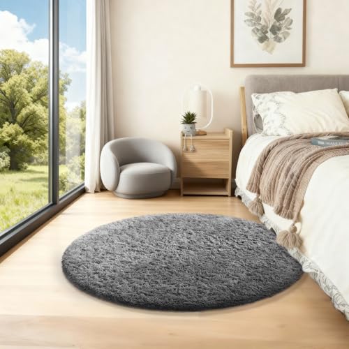 Round Rug 2Ft Grey Circle Area Rug (Grey / 2' (Round))