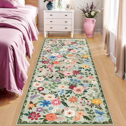 2.6x8 Washable Runner Rug：Floral Indoor Kitchen Soft Carpet Green (Green / 2'6" x 8' (Runner))