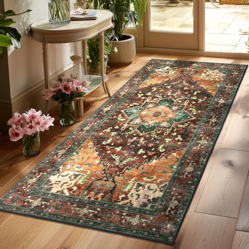 Washable Runner Rug (3' x 6' / Rust/Dull Teal)