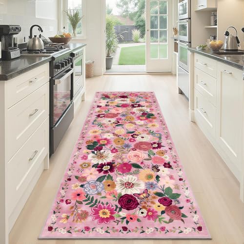 Pink Floral Hallway Runner Rug 2x6 for Bedroom Kitchen (Pink / 2' x 6' (Rectangular))