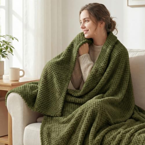 Large Waffle Fleece Throw Blanket for Couch (Olive / 50x70 in)