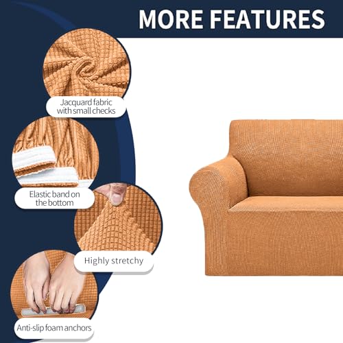 2026 New Stretch Chair Sofa Slipcovers Couch Cover for 1 Seater Furniture Protector Sofa Covers with Elastic Bottom Jacquard Fabric Small Checks for Pets (Golden / Chair)