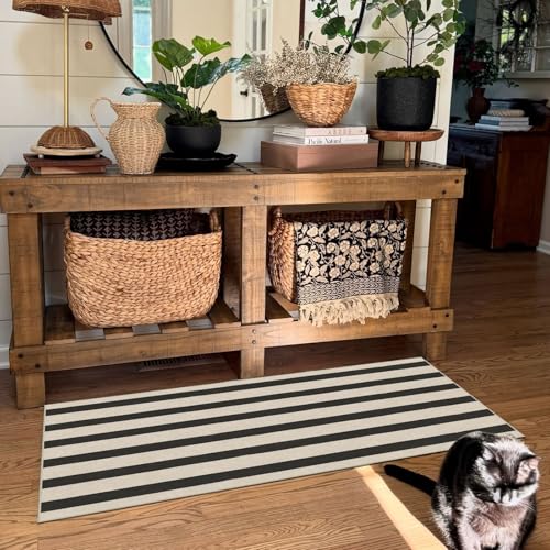 Front Door Mat Indoor Entrance (Striped - Black / Cream / 2' x 4'3" (Rectangular))
