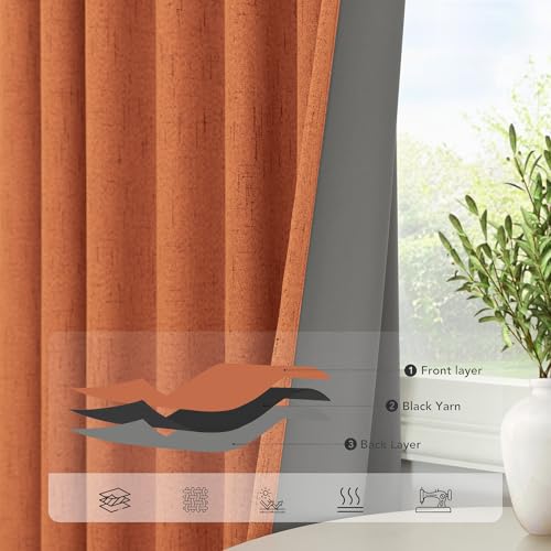 Blackout Burnt Orange Curtain for Bedroom 96 Inch Length 2 Panels Back Tab Pocket Room Darkening Privacy Thermal Ochre Dark Orange Black Out Linen Drape for Living Room 52x96 Long Western Decor (Burnt Orange / 52"W x 96"L (Pack of 2))