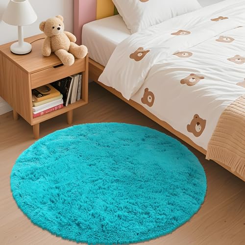 Teal Blue Round Rugs for Bedroom (3 Ft Round / Teal Blue)