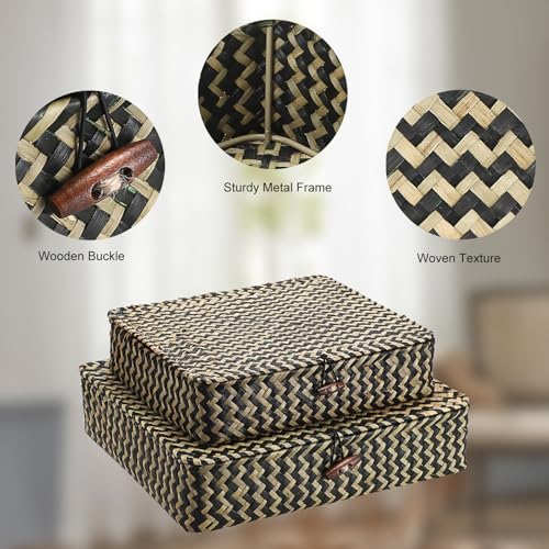 2Pcs Flat Wicker Woven Basket with Lid Natural Seagrass Storage Box (Small+Large / Black)
