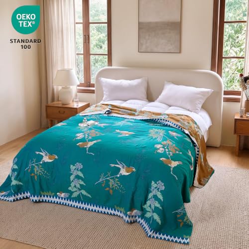 Boho Throw Blanket 60"x80" Aviary Botanical Cotton Throw Blanket (Teal Green / 60"x80")