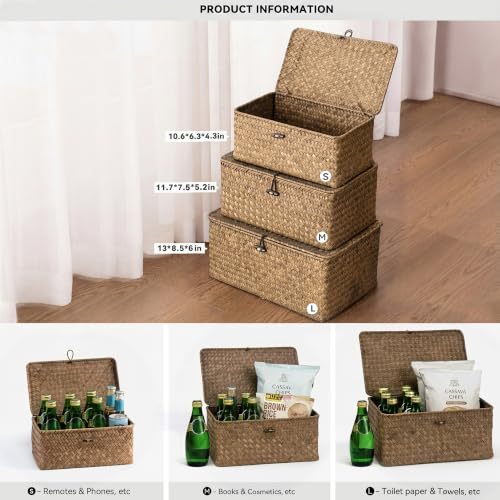 Wicker Storage Basket with Lid (Coffee* Set of 3)