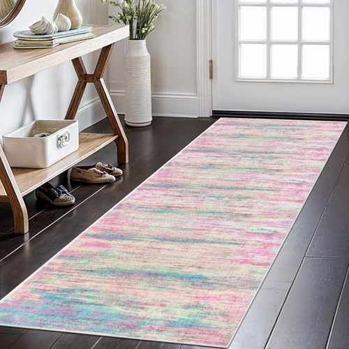 Modern Abstract Runner Rug 2x6 Multi Pink Runners for Hallways Kitchen Rug Non Slip Washable Carpet Rug Runner Laundry Mat with Soft Low Pile for Entryway Bathroom Bedroom Kitchen (Multi-pink / 2' x 6' (Runner))