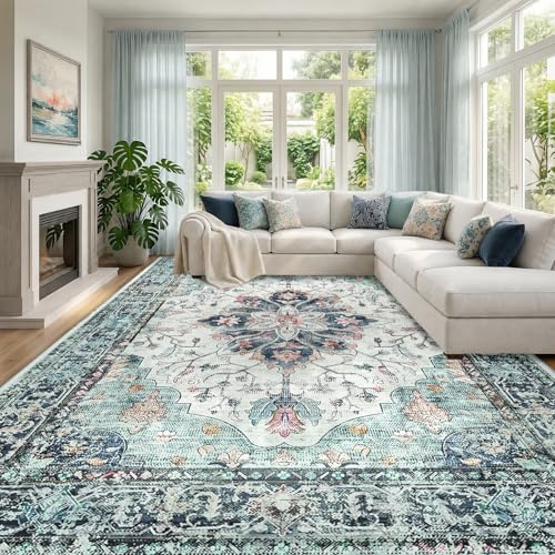 Washable Area Rug (Teal Green/White/Navy / 10' x 14' (Rectangular))