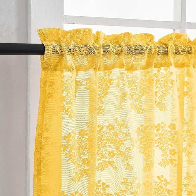 Vintage Lace Curtains 24 inch for Small Window 2 Panels Light Filtering Short Mini Cafe Curtains for Bathroom Laundry Room Basement Rod Pocket Width 26 by Length 24 Per Panel Mustard Yellow (Mustard Yellow / 26"W x 24"L (Pack of 2))