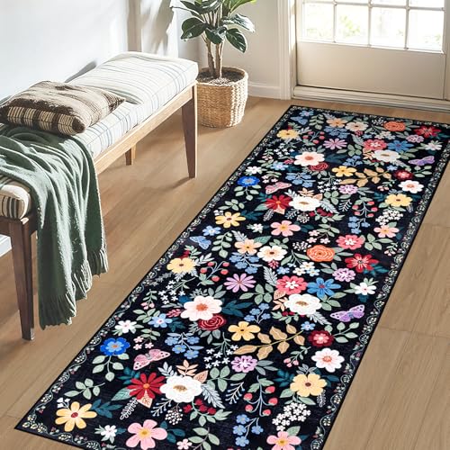 2.6x8 Washable Runner Rug：Floral Indoor Kitchen Soft Carpet Black (Black / 2'6" x 8' (Runner))