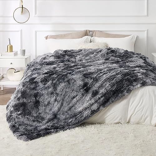 Faux Fur Fluffy Sherpa Fleece King Bed Blanket Grey 108"x90" (01- Tie Dye Grey / King (108" X 90"))