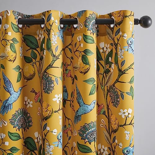 Mustard Yellow Kitchen Tier Curtains 36 Inches Long Dark Yellow Botanical Floral Hummingbird Grommet Room Darkening Half Window Drapes (Mustard Yellow / 52"W x 36"L (Pack of 2))