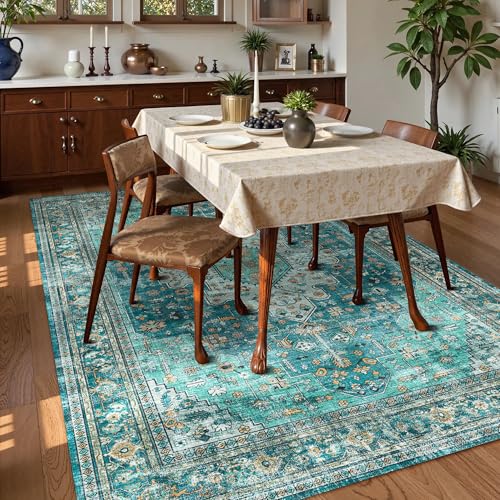 Washable Area Rug 9' x 12' Vintage Traditional Persian Mat (Teal and Gold / 9' x 12' (Rectangular))