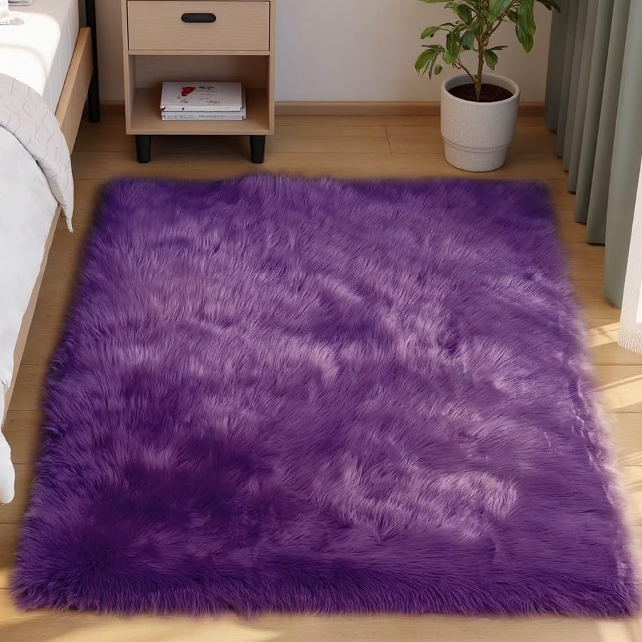 Purple Sheepskin Rug 4x6 Fluffy Fuzzy Furry Carpet for Bedroom Bedside Faux Fur Soft Shaggy Plush Rectangle (5'6" x 6'4" (Rectangular) / Purple)