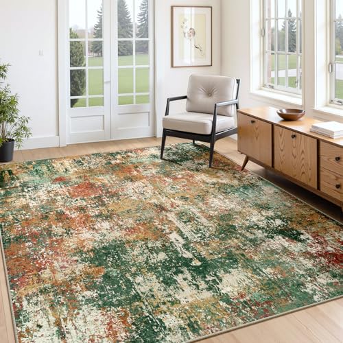 Washable 6'x8' Abstract Area Rug for Living Room Green Multi (Green/Orange/Red/Blue / 6' x 8' (Rectangular))
